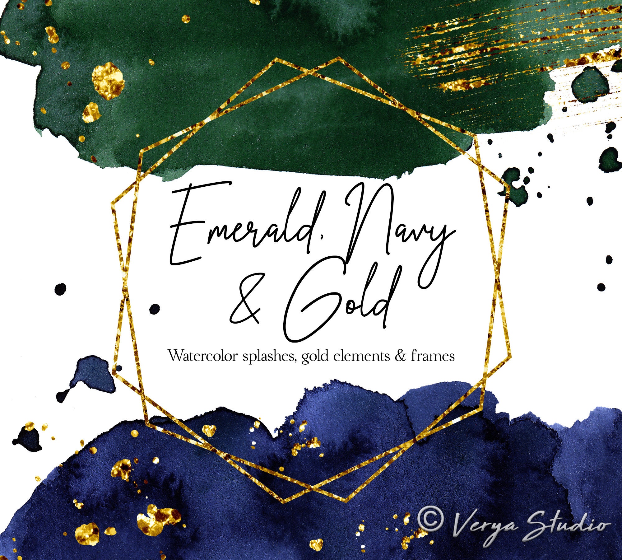 Emerald Navy Gold Watercolor Splashes Clipart Dark Blue Green Washes Gold Frames Golden Brush Strokes Splatter Glitter Wedding Clip Art PNG