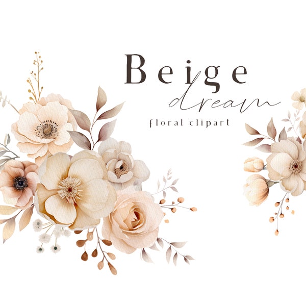 Beige Floral Clipart Watercolor Ivory White Flowers Clip Art Cream Bright Roses Bouquets Wedding Graphics Digital Download Clipart Set PNG