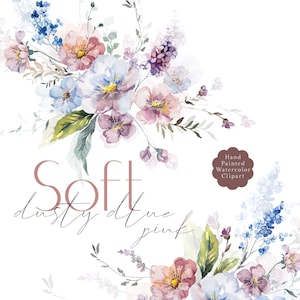 Dusty Floral Clipart - Watercolor Dusty Blue & Dusty Rose Pink Flowers Clip Art, Wildflowers Meadow Bouquets, Wedding Graphics Hand Painted