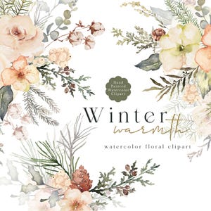 Inverno Clipart Quente Natal Floral Clip Art Aquarela Verdura Eucalipto Pinheiros Flores Bege Marrom Verde Casamento Gráficos PNG