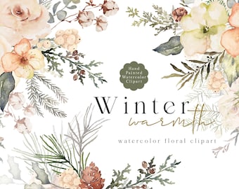Op de afbeelding: Waterverf bloemen clipart met een winterse bos bloemen van beige, perzik en bruine bloemen met groene bladeren en takken. De tekst "Winter warmth watercolor floral clipart" wordt onder de bos bloemen weergegeven.