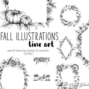 Herbst Clipart Herbstkränze Rahmen Illustrationen Clip Art Kürbisse Sonnenblumen Blätter Eicheln Beeren Bleistift Zeichnungen Line Art Ernte Hochzeit