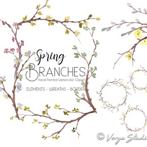 Spring Branches Watercolor Clipart Spring Clip Art Spring Wreath Frame Forest Woodland Tree Buds Twigs Easter Clipart DIY Invitation PNG