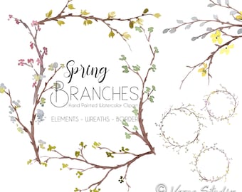 Spring Branches Watercolor Clipart Spring Clip Art Spring Wreath Frame Forest Woodland Tree Buds Twigs Easter Clipart DIY Invitation PNG