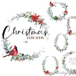 Weihnachten Clipart Kränze Aquarell Weihnachtskranz Clip Art Rahmen Border Weihnachtsstern rote Kardinalbeeren grün Blumenschmuck Karten DIY PNG