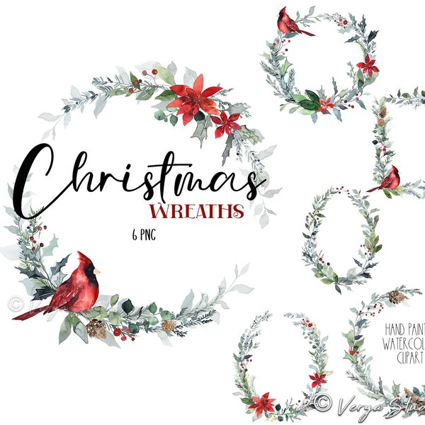 Christmas Clipart Wreaths Watercolor Xmas Wreath Clip Art Frame Border Poinsettia Red Cardinal Berries Greenery Floral Holiday Cards DIY PNG