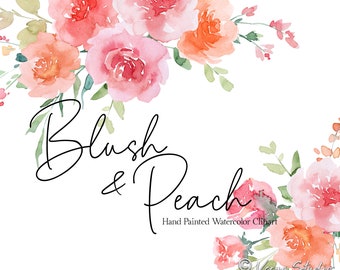 Aquarelle fleurs pêche Blush Clipart Floral Clip Art Orange rose vif printemps été bouquets feuilles verdure mariage pastel graphiques PNG