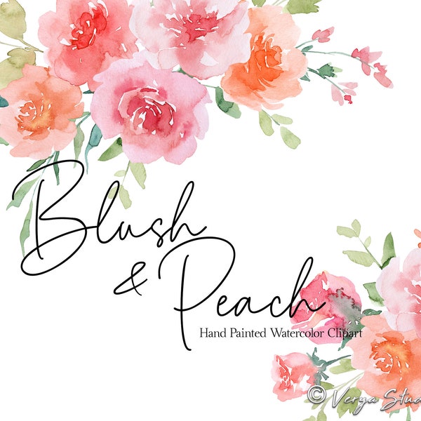 Peach Blush Watercolor Flowers Clipart Floral Clip Art Orange Pink Bright Spring Summer Bouquets Leaves Greenery Pastel Wedding Graphics PNG
