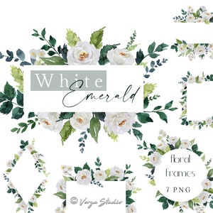 Clipart de flores de color blanco esmeralda, marcos de acuarela, imágenes prediseñadas, bordes verdes, flores de color marfil y crema, hojas verdes, invitaciones de boda, gráficos PNG