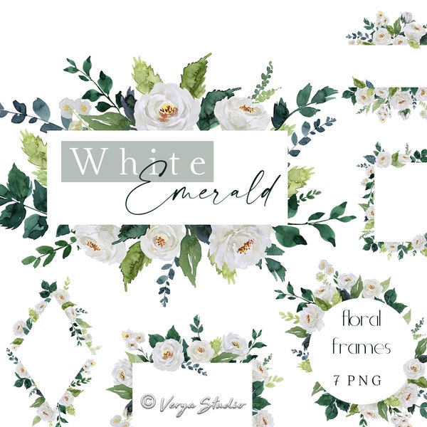 Emerald White Floral Clipart Watercolor Frames Clip Art Greenery Borders Ivory Cream Flowers Green Leaves Wedding Invitations Graphics PNG