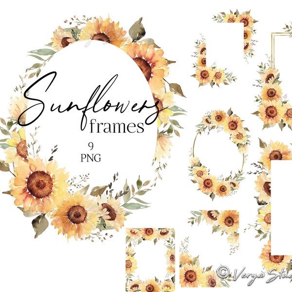 Sunflowers Frame Clipart Watercolor Sunflower Floral Frames Clip Art Summer Autumn Fall Clipart DIY Wedding Flowers Graphics Printable PNG