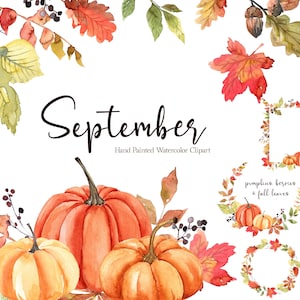 Fall Leaves Watercolor Autumn Clipart Pumpkins Wreath Frame Border Arrangement Clip Art Orange Pumpkin Berries Thanksgiving Halloween PNG