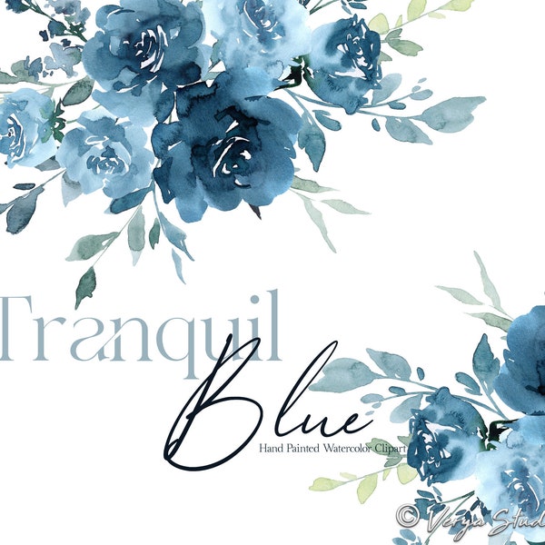 Blue Watercolor Floral Clipart Dusty Blue Flowers Clip Art Light Tranquil Pastel Navy Flowers Leaves Greenery Botanical Wedding Bouquets PNG