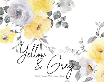 Yellow Grey Watercolor Flowers Clipart Floral Clip Art White Rose Peony Flowers Spring Clipart Summer Clipart Wedding Graphics Bouquet PNG