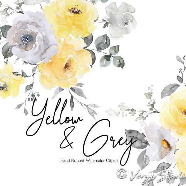 Yellow Grey Watercolor Flowers Clipart Floral Clip Art White Rose Peony Flowers Spring Clipart Summer Clipart Wedding Graphics Bouquet PNG