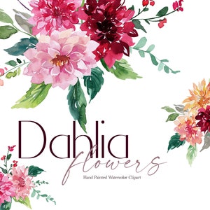 Dahlia automne fleurs Dahlias aquarelles Clipart fleurs Clip Art automne été fleur bordeaux rouge violet rose blush pêche orange feuilles