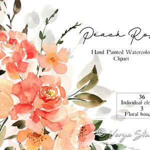 Pfirsich Rosen Aquarell Blumen Clipart Lose Korallen Blumen Orange Braut Hochzeit Schreibwaren Druckbare PNG Rot Orange Gelb Blätter ClipArt