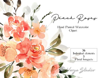 Peach Roses Watercolor Floral Clipart Loose Coral Flowers Orange Bridal Wedding Stationery Printable PNG Red Orange Yellow Leaves Clip Art