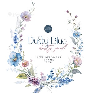 Aquarel bloemenkrans - wilde bloemen, aquarel bloemen clipart, stoffige blauwe wilde bloem, weide ovaal frame, stoffige roosroze, paarse bruiloft