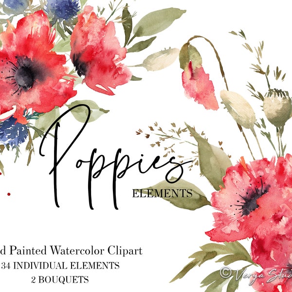 Wild Poppies Watercolor Floral Clipart Red Poppy Clip Art Blue Thistle Spring Summer Bouquets Meadow Wildflowers Wedding Graphics PNG