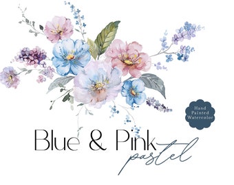 Watercolor Floral Clipart - Wildflowers Clipart, Pastel Dusty Blue Pink Mauve, Elements & Bouquets Set, Meadow Flowers Wedding Graphics PNG
