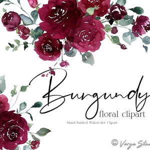 Burgunder Blumen Clipart Aquarell Marsala Floral Clip Art Weinrot Kastanienbraun Blumensträuße Hochzeitsgrafik Sommer Herbst Botanische Grün