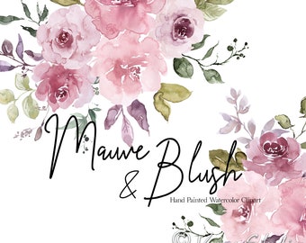 Mauve Pink Watercolor Floral Clipart Flowers Clip Art Bright Light Soft Mauve Dusty Rose Blush Bouquets Greenery DIY Wedding Graphics PNG