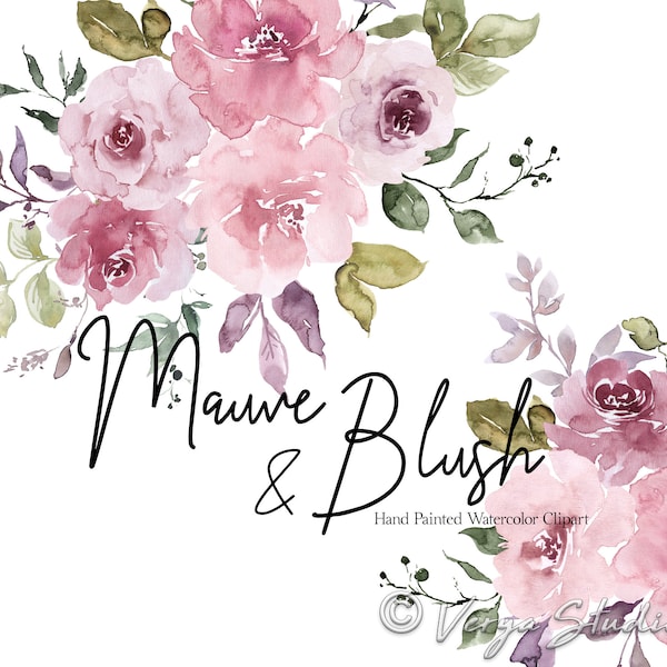 Mauve Pink Watercolor Floral Clipart Flowers Clip Art Bright Light Soft Mauve Dusty Rose Blush Bouquets Greenery DIY Wedding Graphics PNG