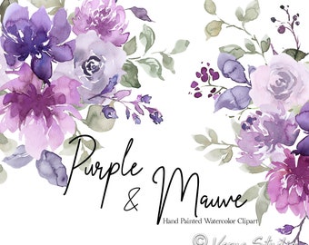 Może przedstawiać: Klipart akwarelowy z fioletowymi i liliowymi kwiatami. Kwiaty są ułożone w bukiet z zielonymi liśćmi i łodygami. Tekst "Purple & Mauve" jest napisany czarnym kursywą pod kwiatami. Tekst "Hand Painted Watercolor Clipart" jest napisany czarnym kolorem pod kursywą. Tekst "Verva Studio" jest napisany czarnym kursywą pod poprzednim tekstem.