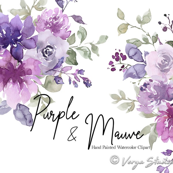 Violet Mauve Watercolor Floral Clip Art Purple Flowers Clipart Botanical Peonies Spring Summer Wedding Bridal Shower Graphics Bouquet PNG