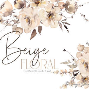 Imágenes prediseñadas de flores color beige tostado, imágenes prediseñadas florales de acuarela, hojas de jardín neutras, color crema, marfil y topo, primavera, verano y otoño, gráficos vintage bohemios para bodas