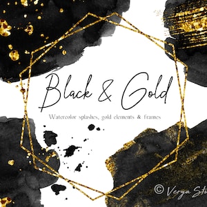 Black & Gold Watercolor Splashes Clipart Golden Frames Gold Brush Strokes Gold Splodges Splatter Shapes Washes Clip Art Wedding Invitations