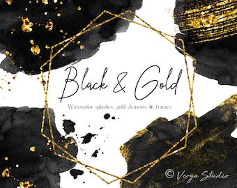 Black & Gold Watercolor Splashes Clipart Golden Frames Gold Brush Strokes Gold Splodges Splatter Shapes Washes Clip Art Wedding Invitations