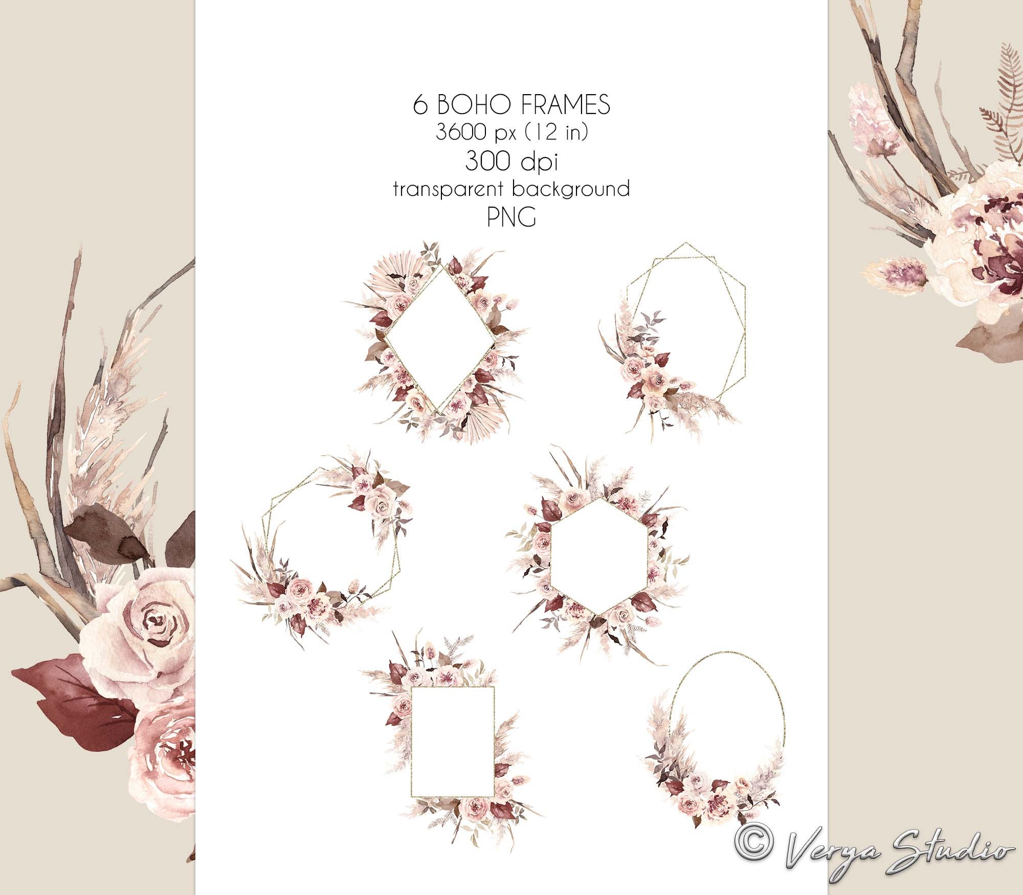 Watercolor Bohemian Floral Clipart Boho Frames Wreaths Gold Frame Dried ...