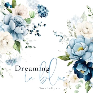 Bege Marinho Floral Clipart Aquarela Flores Azuis Empoeiradas PNG Flores Silvestres Peônias Buquês Arranjos Primavera Verão Outono Inverno Casamento
