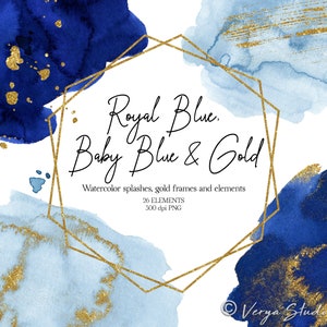 Königsblau Baby Blau Aquarell Spritzer Clipart Indigo Marine Wäscht Splodges Formen Splatter Gold Pinselstriche Goldene Rahmen Hochzeit PNG
