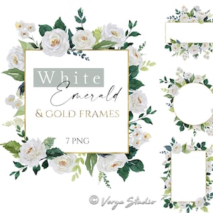 Molduras florais Flores aquarela e molduras douradas Clipart Branco Marfim Creme Flor Esmeralda Folhas Verdes Bordas de vegetação Primavera DIY Casamento PNG