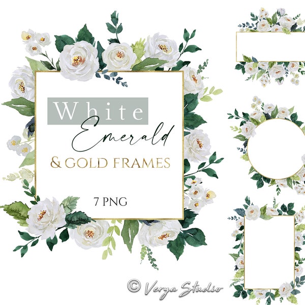 Floral Frames Watercolor Flowers & Gold Frames Clipart White Ivory Cream Flower Emerald Green Leaves Greenery Borders Spring DIY Wedding PNG