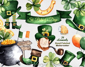 St Patricks Day Clipart Watercolor Shamrock Clip Art Printable Leprechaun Hat Clover Leaves Gold Coins  Saint Patty's  Lucky Clover PNG
