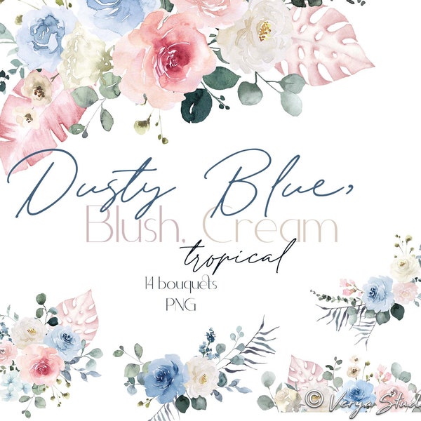 Dusty Blue Blush Cream Aquarel Bloemen Clipart Bloemen Clipart Boeketten Tropisch groen Bladeren Roze Dusty Rose Beige Lente Zomer PNG
