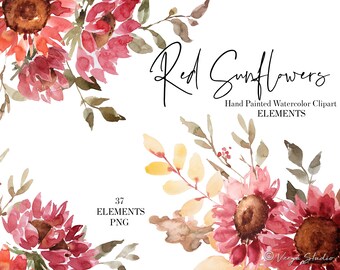 Burgundy Sunflowers Clipart Watercolor Floral Clip Art Autum Fall Leaves Wedding Clipart Summer Wine Red Sunflower Thanksgiving Harvest PNG
