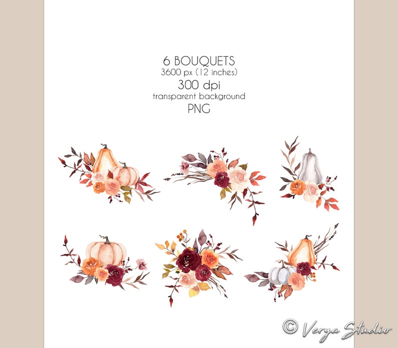 Fall Clipart Watercolor Autumn Bouquets Clip Art Pumpkin - Etsy