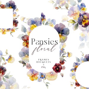 Clipart floral de pensées - fleurs violettes PNG - aquarelle pensée - Clipart printemps - cadres - bordeaux jaune bleu violet - bouquets - frontières