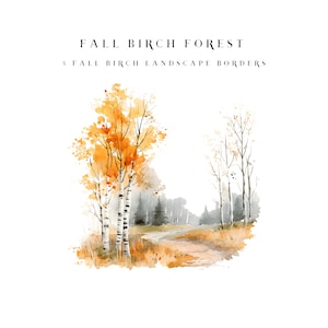 Fall Birch Forest Watercolor Clipart Birch Trees Landscapes Borders Harvest Autumn Foliage Printable Wedding Graphics Instant Download 5 PNG