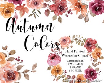 Clipart autunnale Acquerello autunnale Clipart floreale Bouquet Ghirlanda Bordo Cornice a goccia Borgogna Marrone Ruggine Fiori Foglie Clipart matrimonio rustico