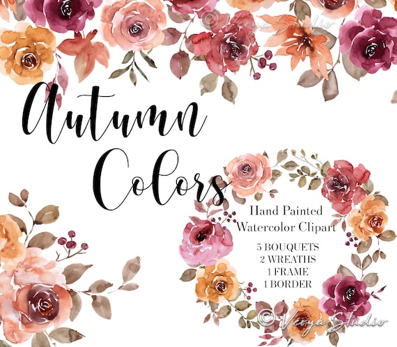 Autumn Clipart Watercolor Fall Floral Clipart Bouquets Wreath Border Drop Frame Burgundy Maroon Rust Flowers  Leaves Rustic Wedding Clipart