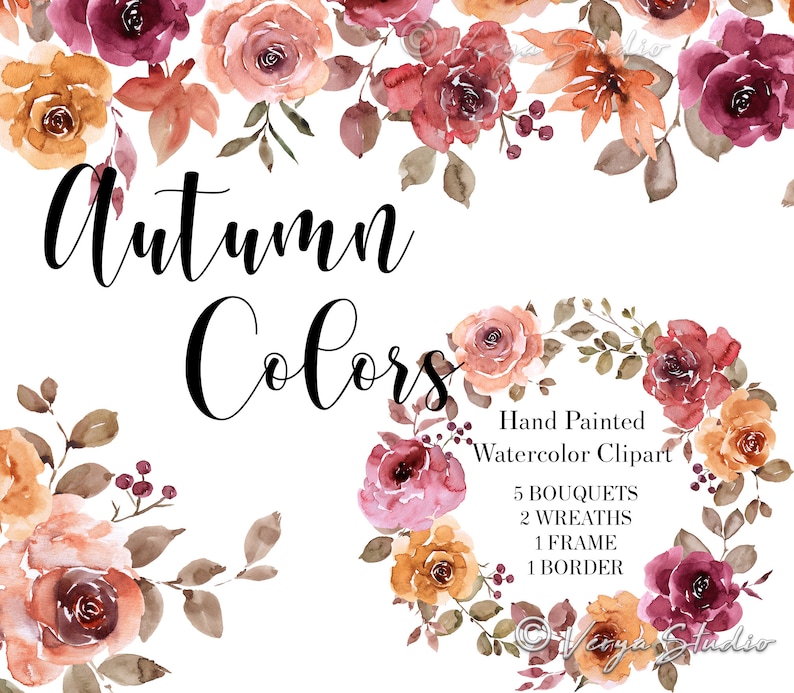 Op de afbeelding: Waterverf clipart met herfstkleurige bloemen in tinten roze, oranje en bordeauxrood. De bloemen zijn gerangschikt in boeketten, kransen, een frame en een rand. De tekst "Herfstkleuren" is geschreven in zwarte cursieve letters.