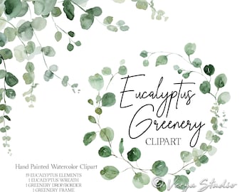 Greenery Clipart Watercolor Eucalyptus Clip Art Green Foliage Frames Leaves Wedding Clipart Wreath Border Drop Graphics Rustic Woodland PNG
