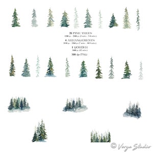 May include: A digital illustration of 20 watercolor pine trees in various shades of green and blue. The trees are arranged in four different groupings, with one grouping forming a border. The image is 300 dpi and is a PNG file.