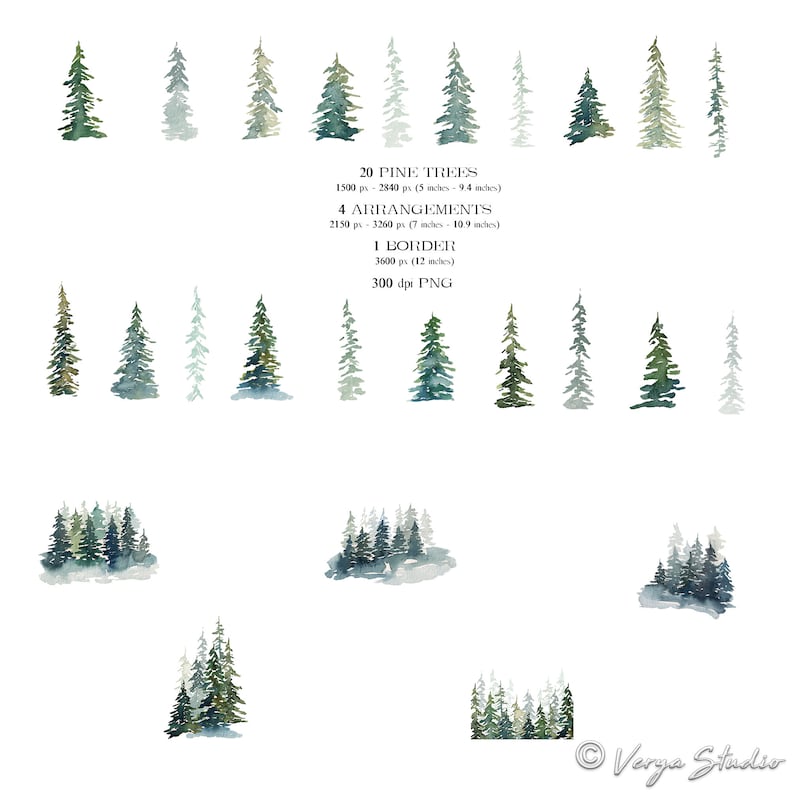 May include: A digital illustration of 20 watercolor pine trees in various shades of green and blue. The trees are arranged in four different groupings, with one grouping forming a border. The image is 300 dpi and is a PNG file.